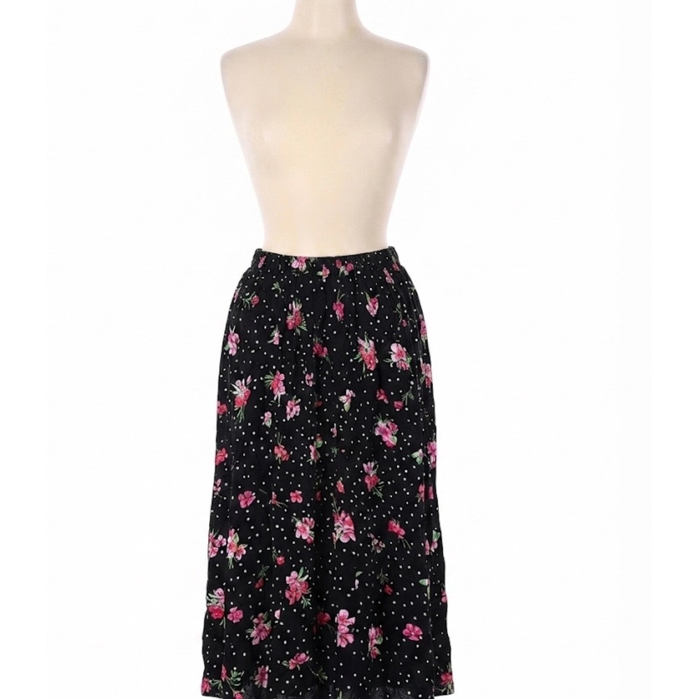 Woman Within 28W Black Floral Polka Dot Rayon Midi Skirt Plus Size Elastic Waist